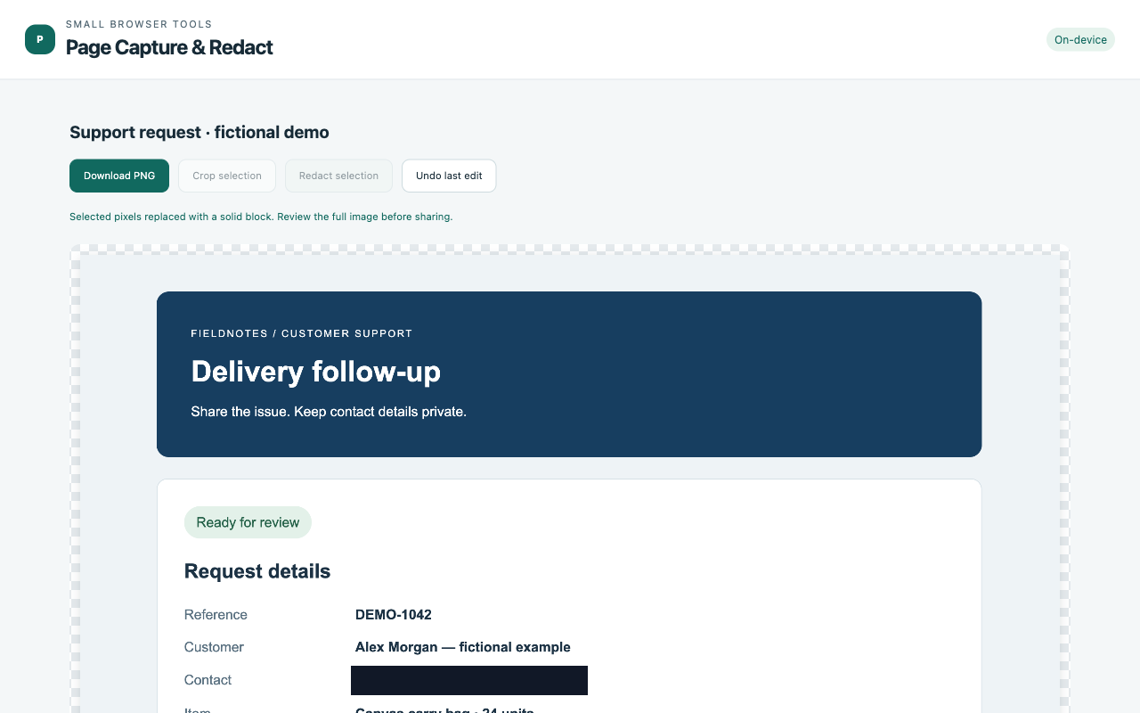 Actual Page Capture & Redact interface with sample data