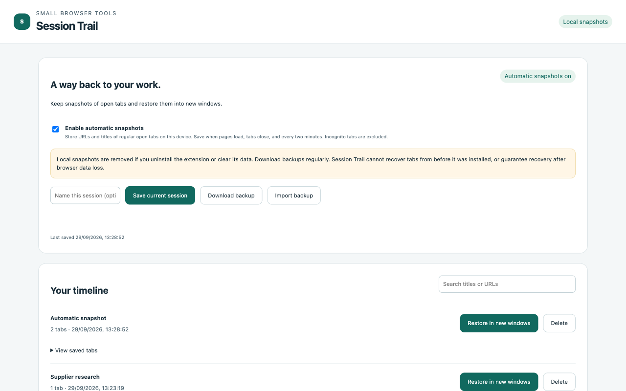 Actual Session Trail interface with sample data