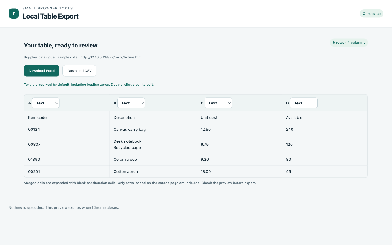 Actual Local Table Export interface with sample data